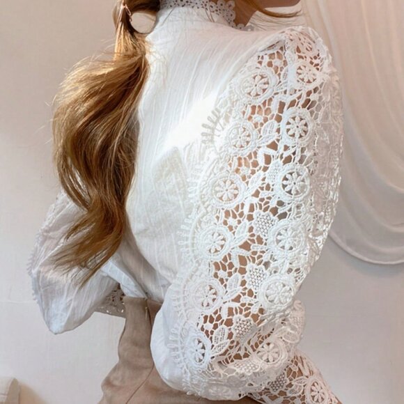 White Elegant Women's Mock Neck Victorian Lace Puff Sleeve Shirt Blouse - Picture 2 of 4